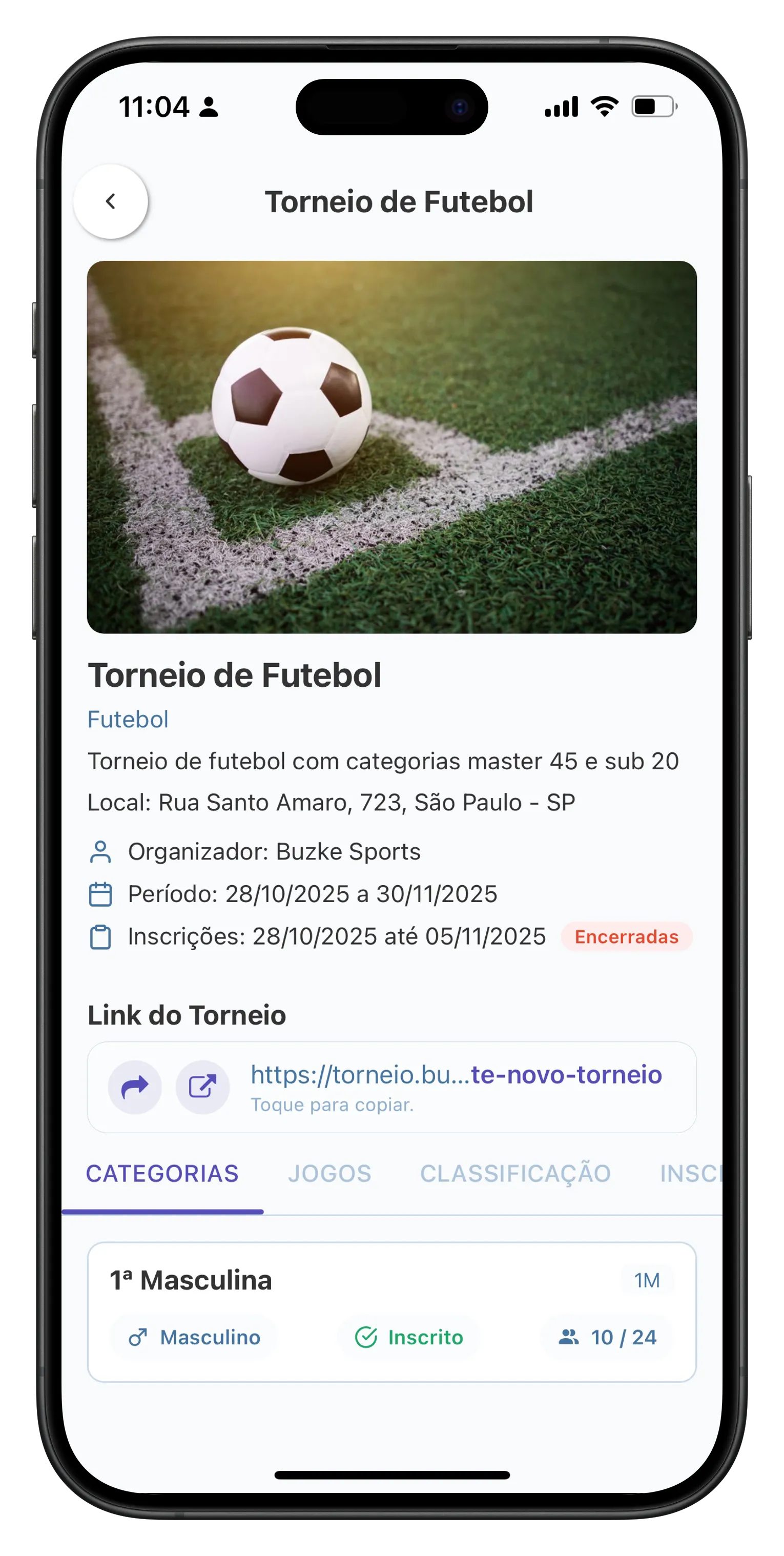 Tela de gestão de torneios com lista de jogos e chaveamentos